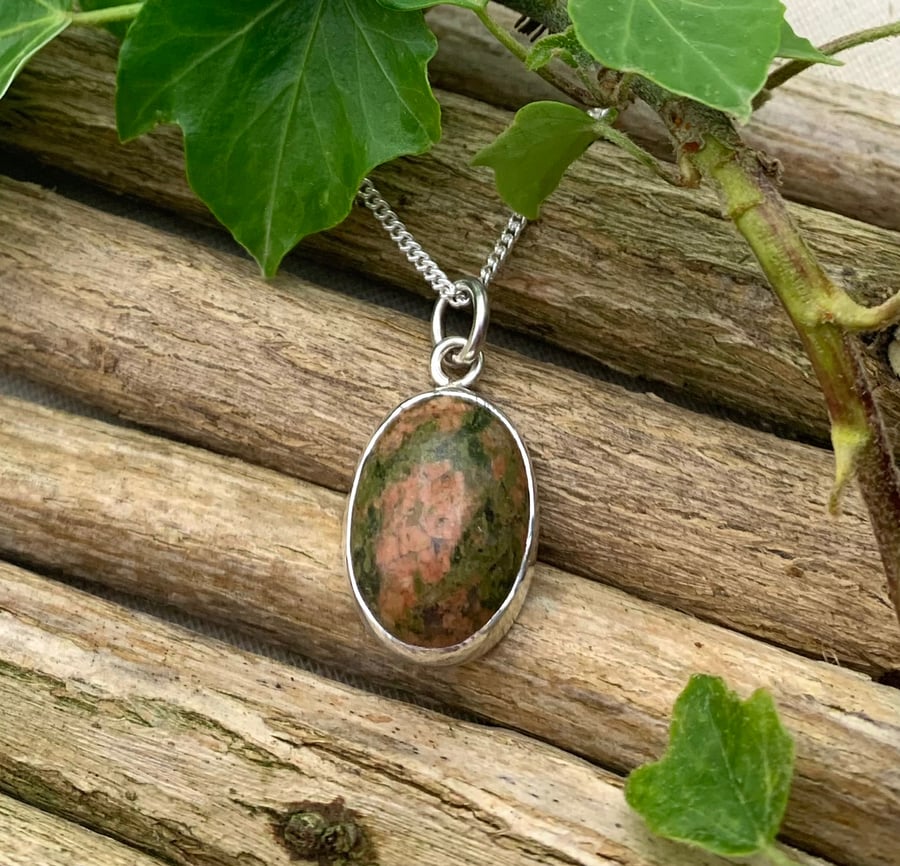 Secret forest pendant in Unakite and recycled silver