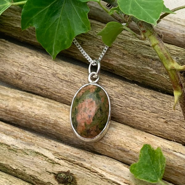 Secret forest pendant in Unakite and recycled silver