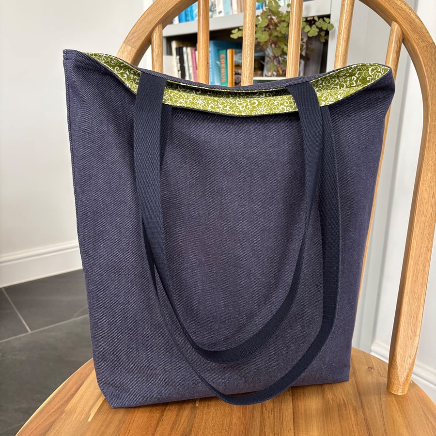 Long handle tote bag, shopping bag, medium weight denim lined with green print