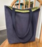 Long handle tote bag, shopping bag, medium weight denim lined with green print