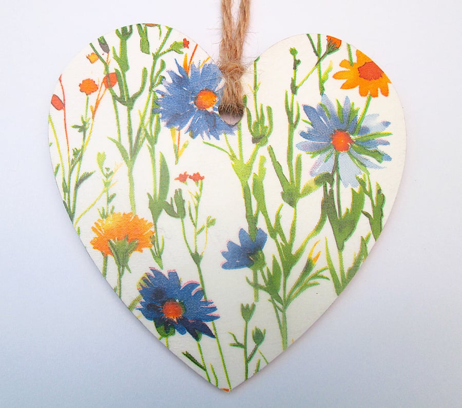 Summer flowers wood decoupage heart hanging decoration