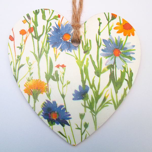 Summer flowers wood decoupage heart hanging decoration