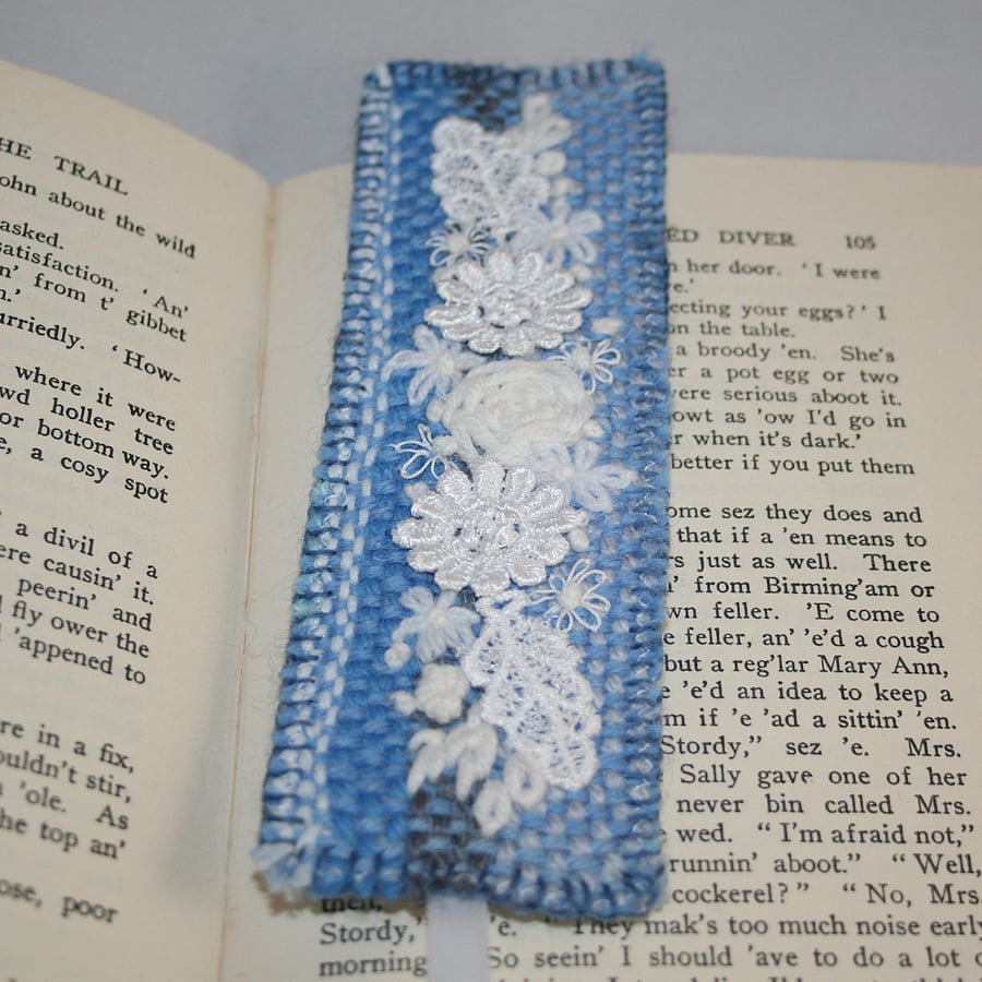 SALE - Embroidered Woven  Bookmark - White posy