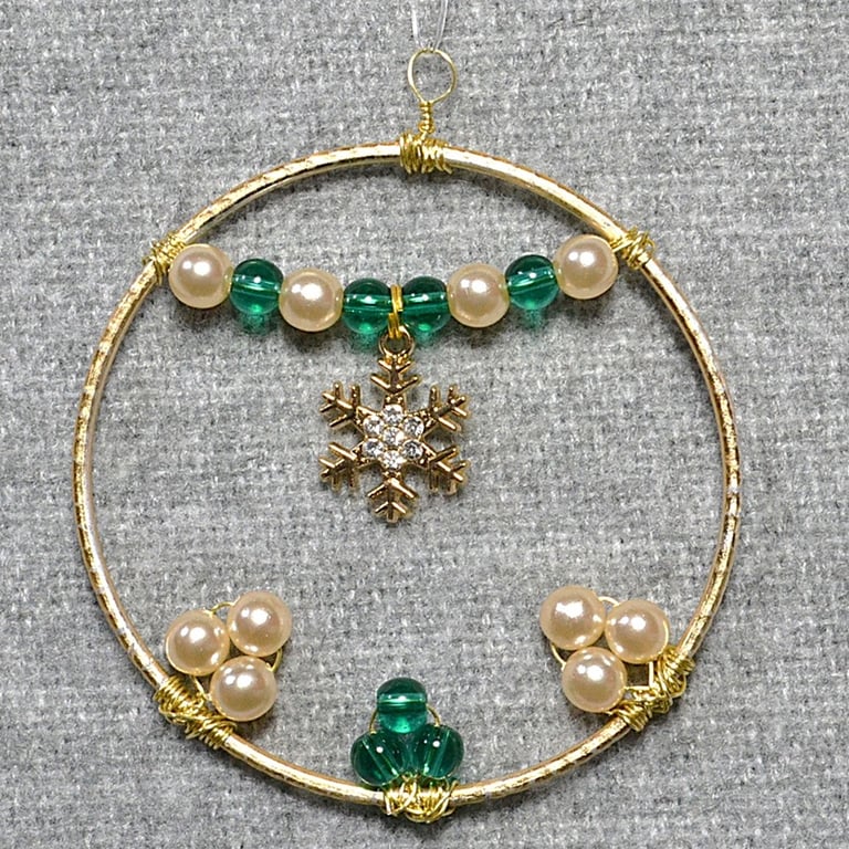 Upcycled Bangle Christmas Decoration – Green and Pearl Glass Bead with Snowflake