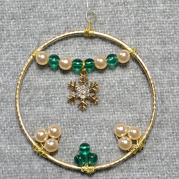 Upcycled Bangle Christmas Decoration – Green and Pearl Glass Bead with Snowflake
