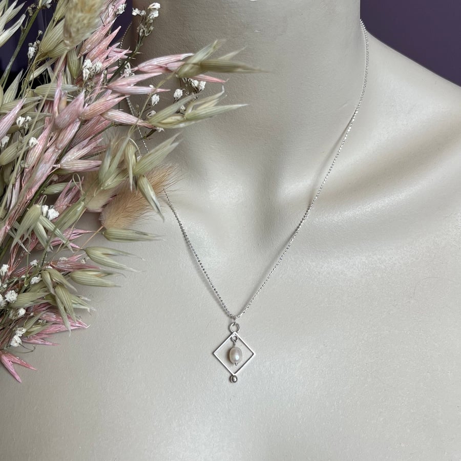 Silver Square & Pearl Pendant on 18" Diamond Cut Ball Chain - Handmade