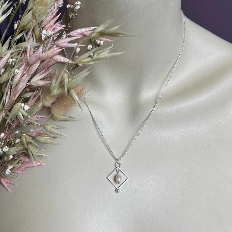 Silver Square & Pearl Pendant on 18" Diamond Cut Ball Chain - Handmade
