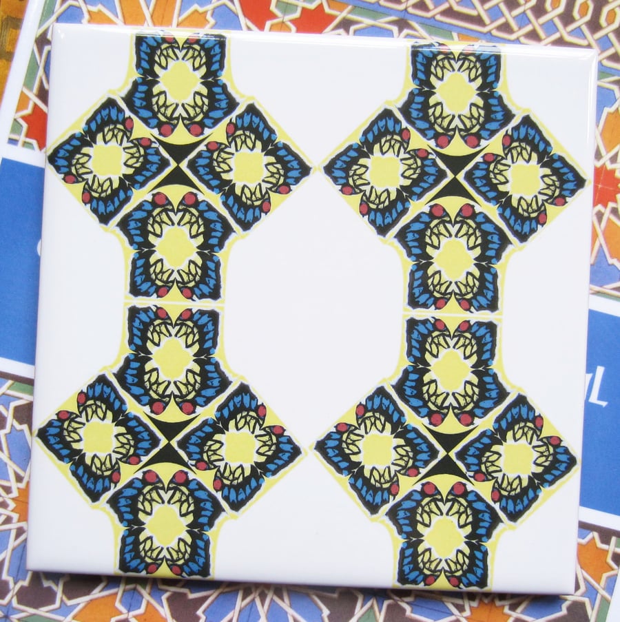 Geometric Mosaic Style Pattern Ceramic Tile Trivet with Cork Backing - SALE ITEM