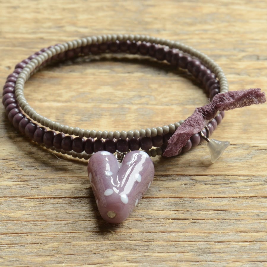 Grey & Dark Purple Memory Wire Bracelet with Polka Dot Purple Lampwork Heart