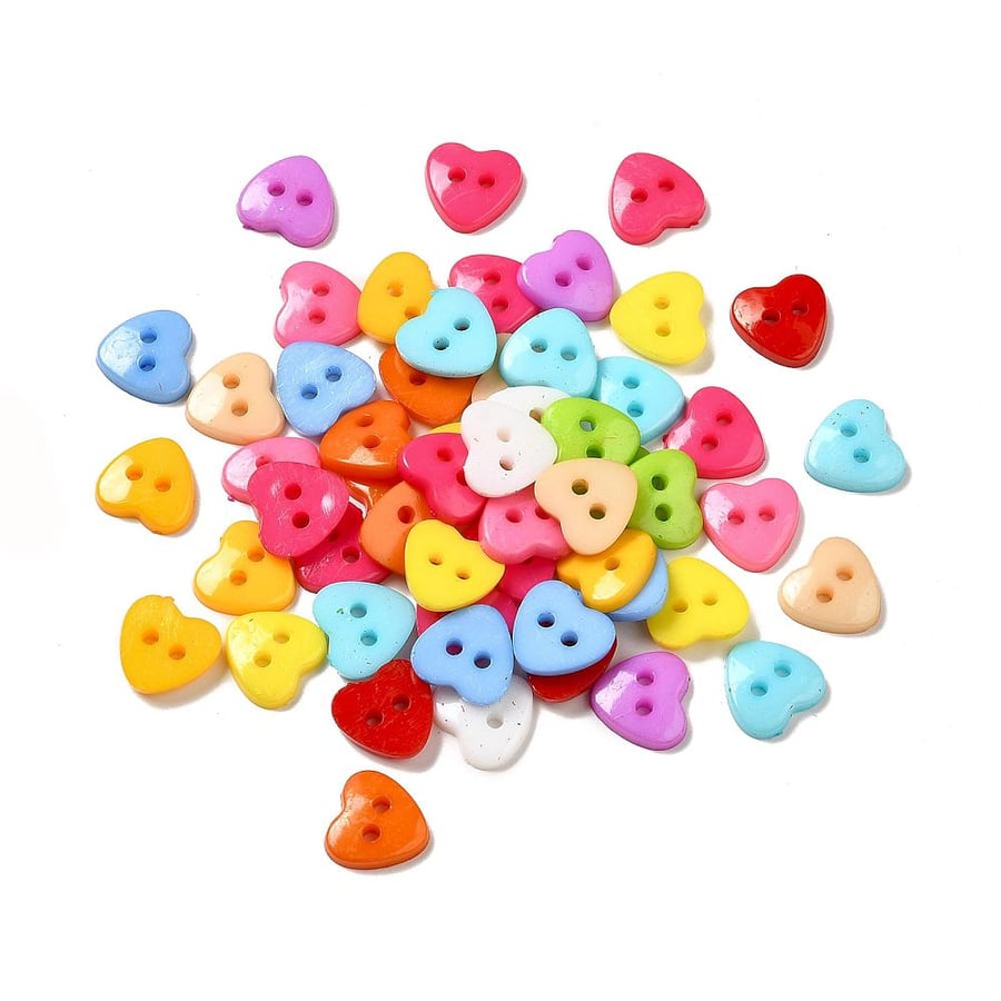 Mixed Heart Acrylic Buttons - 12mm, 2-Hole - Packet of 50 for Sewing and Craftin