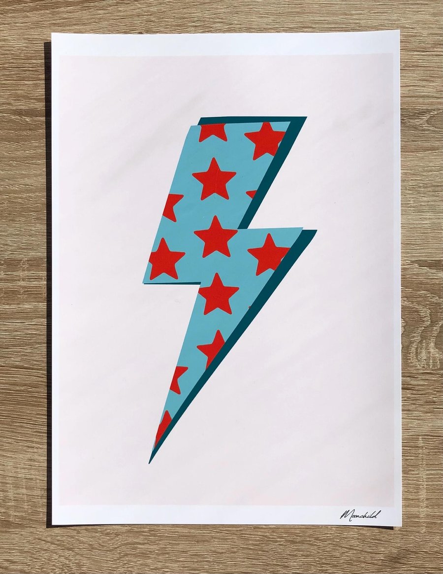 Lightning Bolt Print, A4 Giclee Print, Graphic Art, Colourful Wall Art, Bowie 