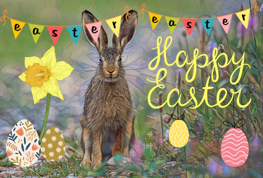 Easter Hare & Eggs Greeting Card A5