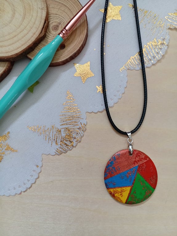 Bright geometric hand painted wooden necklace 