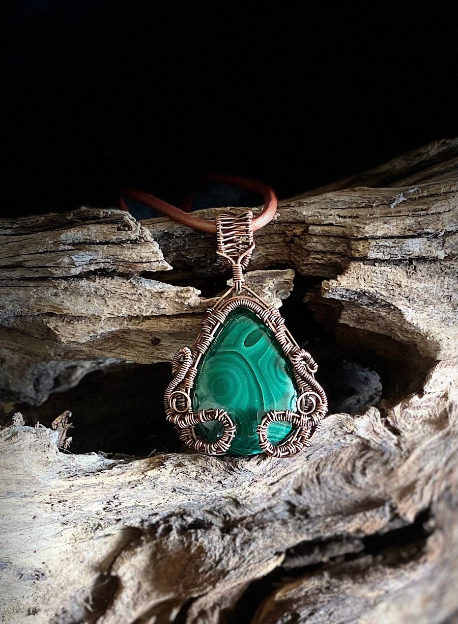 Copper wire wrapped Malachite pendant. 