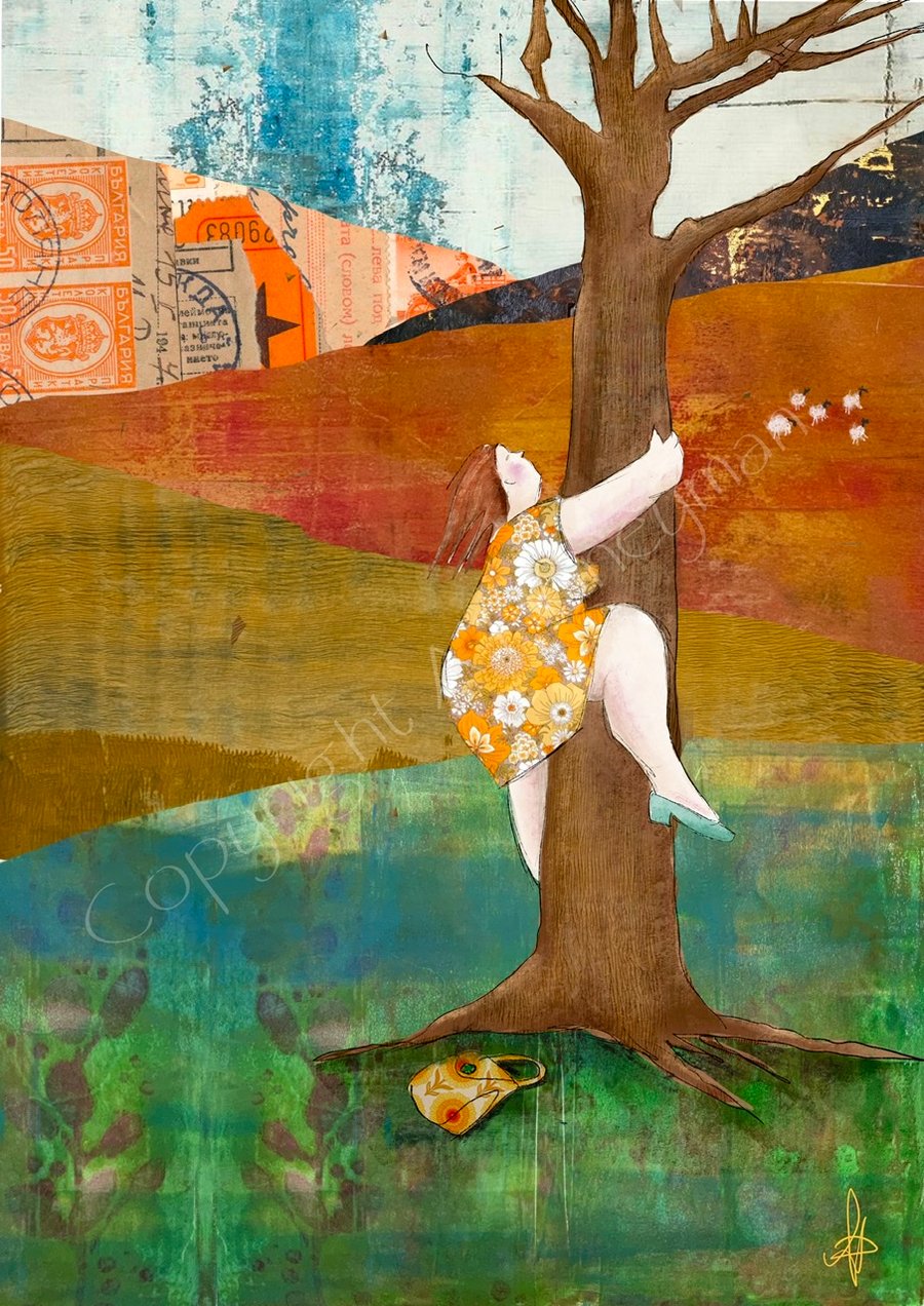 Climbing a tree mixed media print