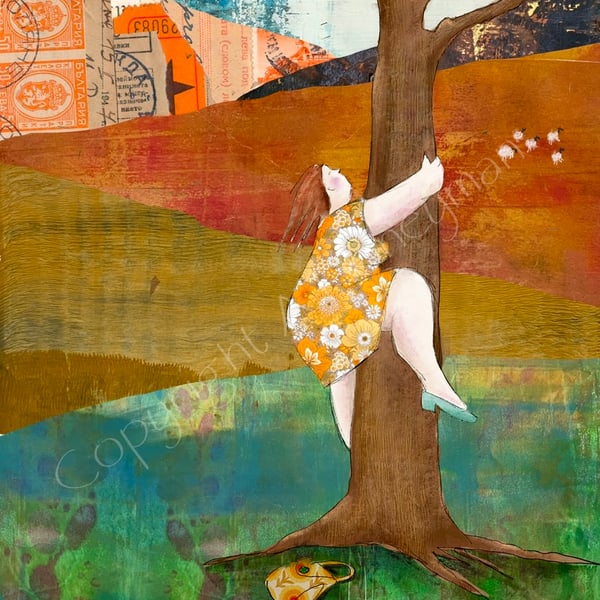 Climbing a tree mixed media print