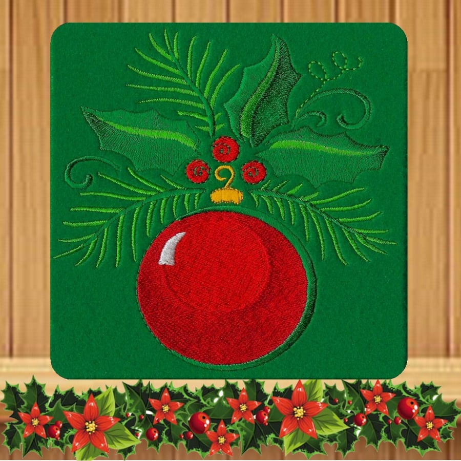 Red Christmas Bauble with Holly Foliage embroidered Card