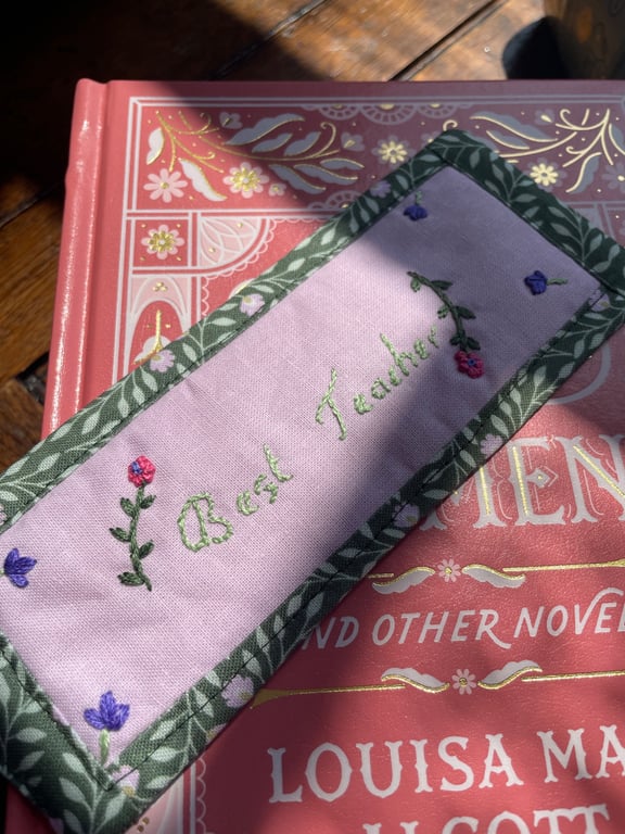 Hand embroidered 'Best Teacher' bookmark