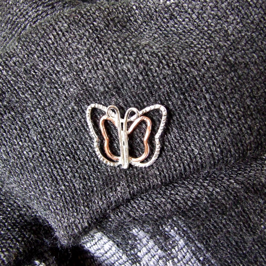 Butterfly Brooch. Copper and Sterling Silver Lapel or Shawl Pin 