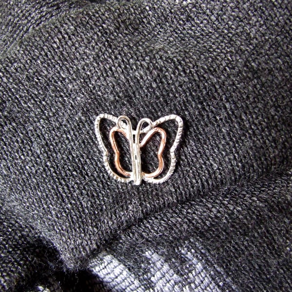 Butterfly Brooch. Copper and Sterling Silver Lapel or Shawl Pin 