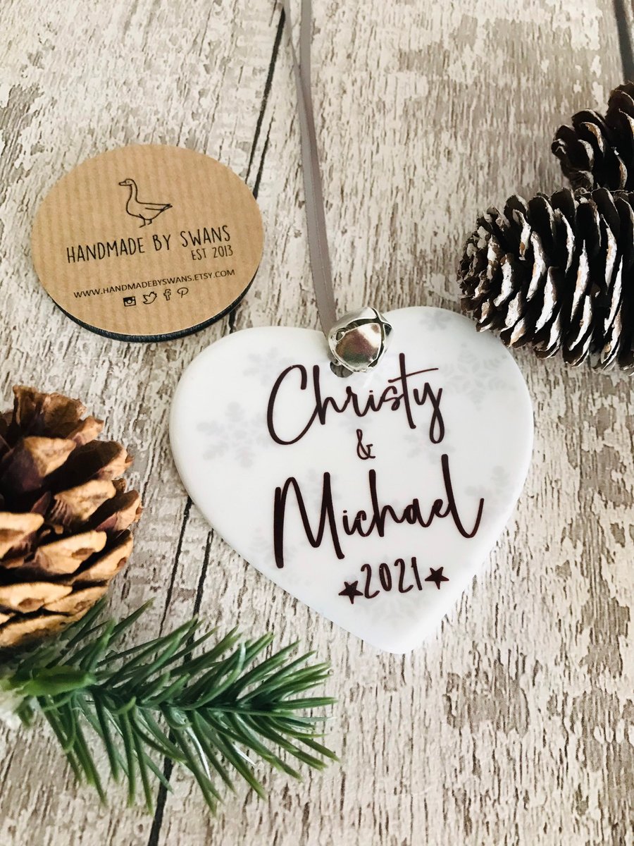 Personalised Christmas bauble, personalised couple name heart, christmas wedding