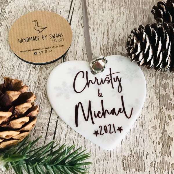 Personalised Christmas bauble, personalised couple name heart, christmas wedding