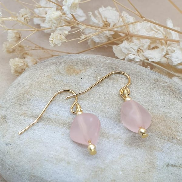 18k gold plated earrings with faux sea glass acrylic pink beads 