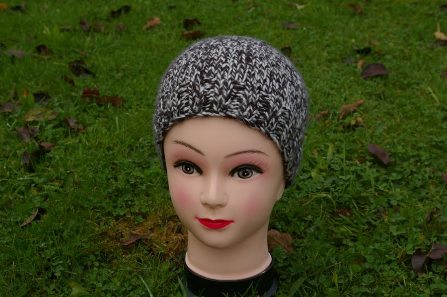 Hat Black and White Beanie Style Hand Knitted