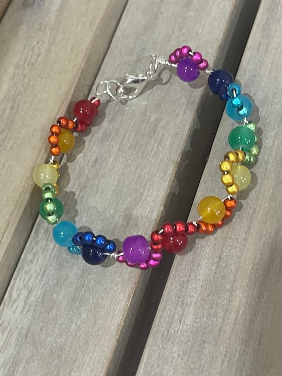 Glass bead and wire rainbow wave bracelet - made to order size