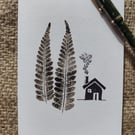 Cabin in the Woods. Image made on a printing press and hand made stamps.