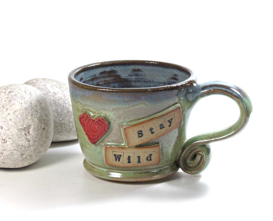 Stay Wild Mug Red Motif - Buff Handmade Wheelthrown Stoneware Pottery UK