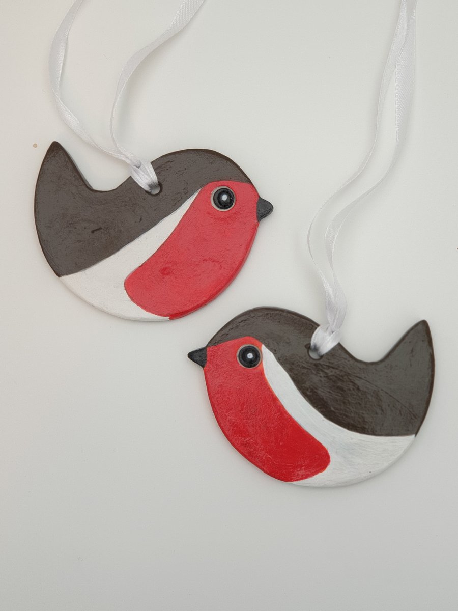 Robins, clay birds,  Christmas hanging decorations 