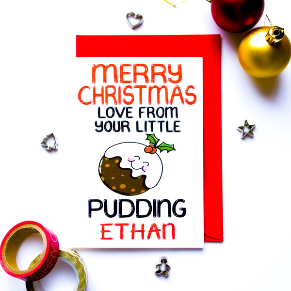 Funny Personalised Christmas Puddings Card for Mum, Dad, Grandparents,Godparents