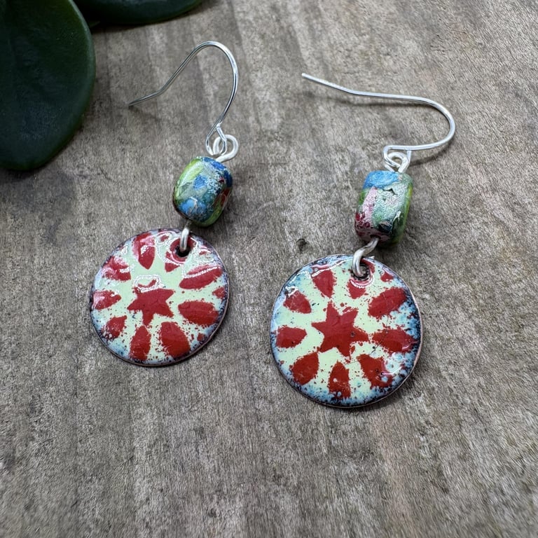 hand enameled earrings with emperor jasper bead and silver plated or sterling si