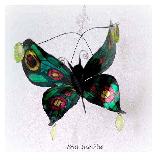 Green Tin butterfly hanging decoration. Made from a coffee tin.
