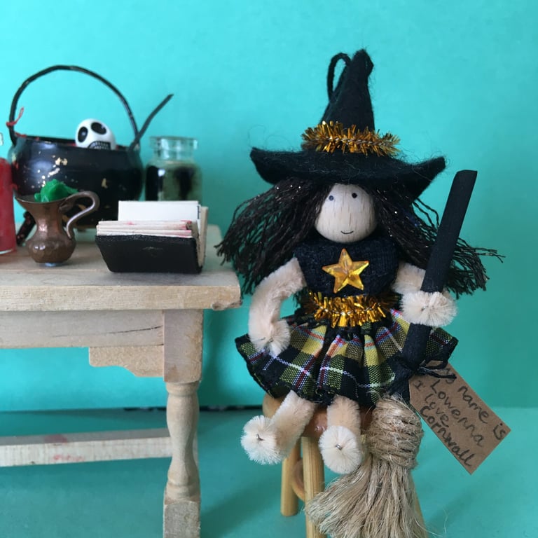 Cornish Tartan Witch Doll Hanging Decoration, Halloween Decor, Witch Core