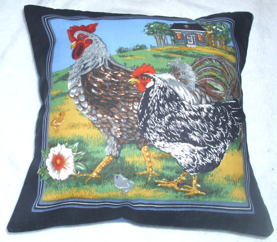 On the farm French hen and cockerel cushion 10" cushion.
