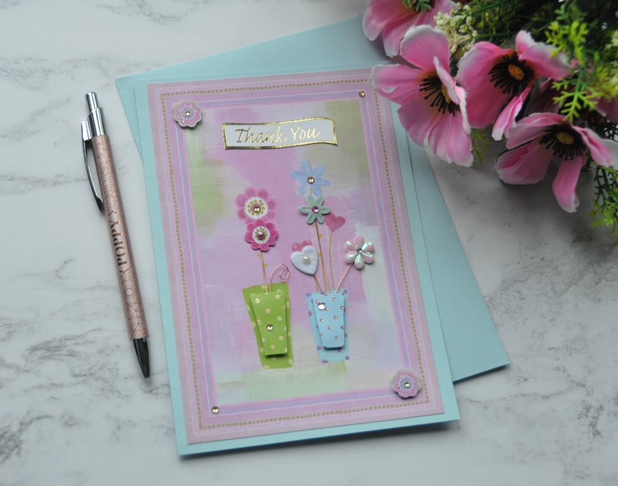 Thank You Card Handmade Pots of Mixed Media Flowers Love Hearts