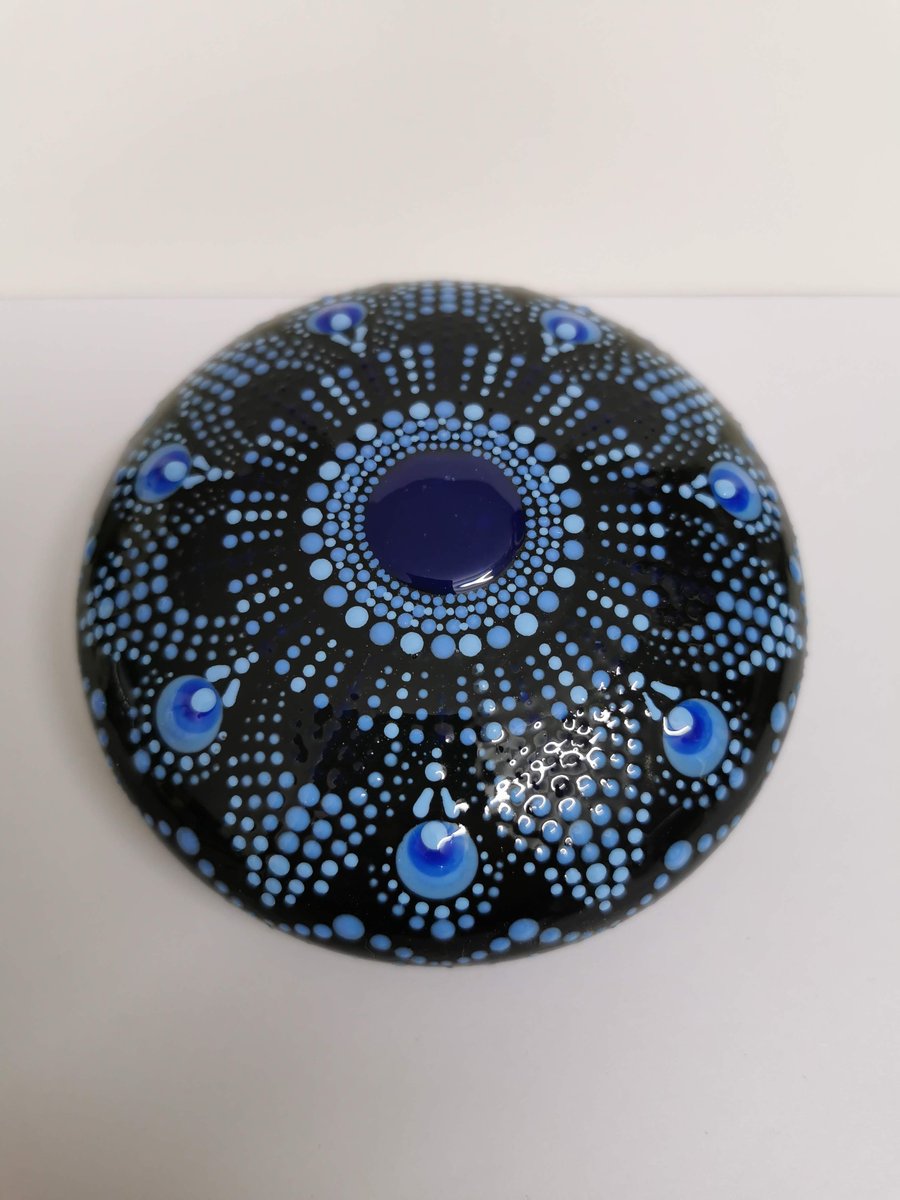 Hand painted blue and black mandala stone