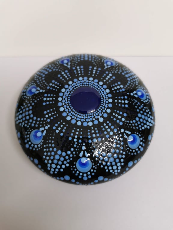 Hand painted blue and black mandala stone