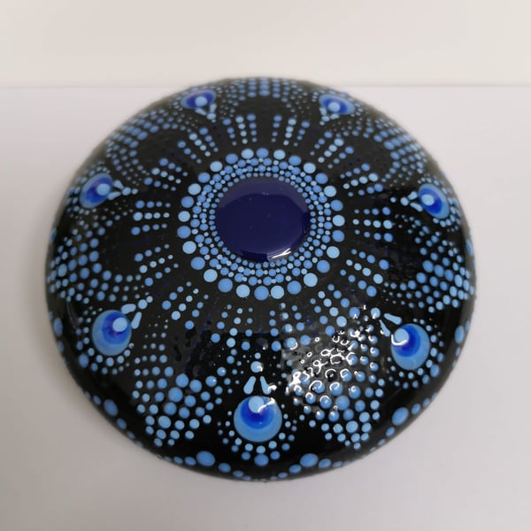 Hand painted blue and black mandala stone