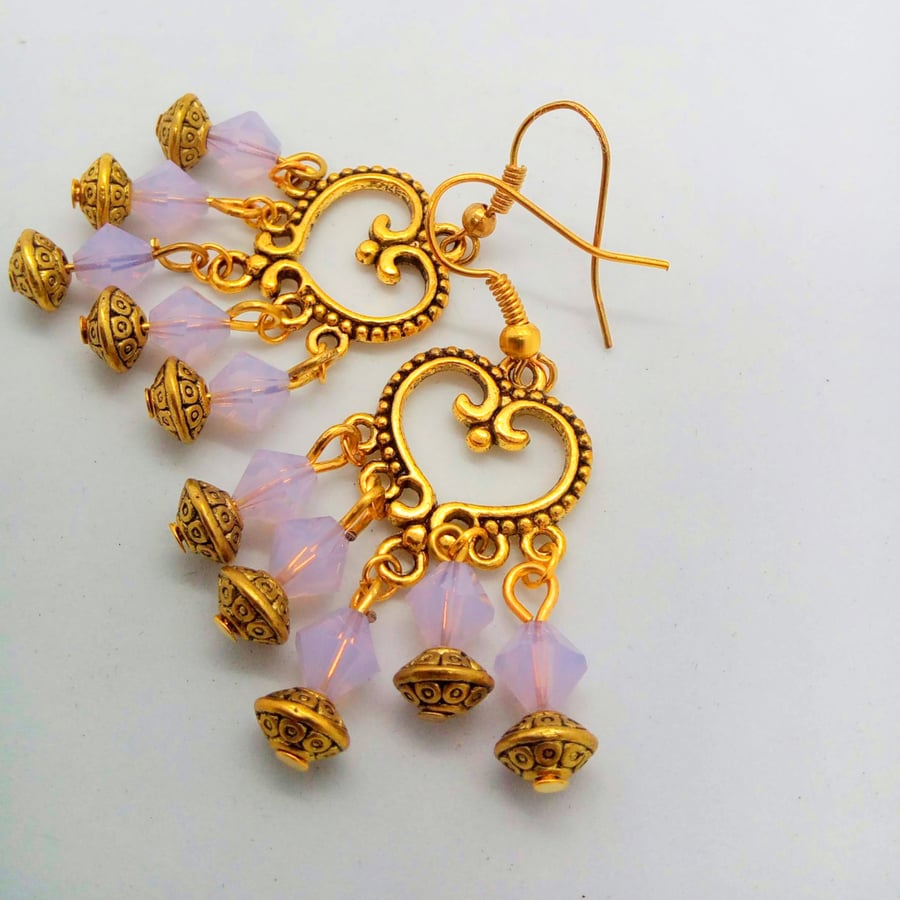 Gold Chandelier Earrings with Frosted Pink Crystal Beads and Gold Spacer Beads