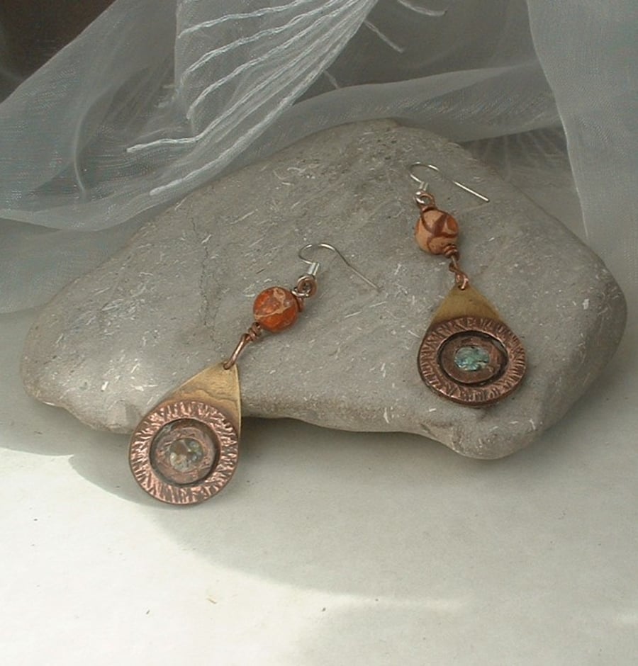 Rustic Copper & Brass Teardrop Dangle Earrings