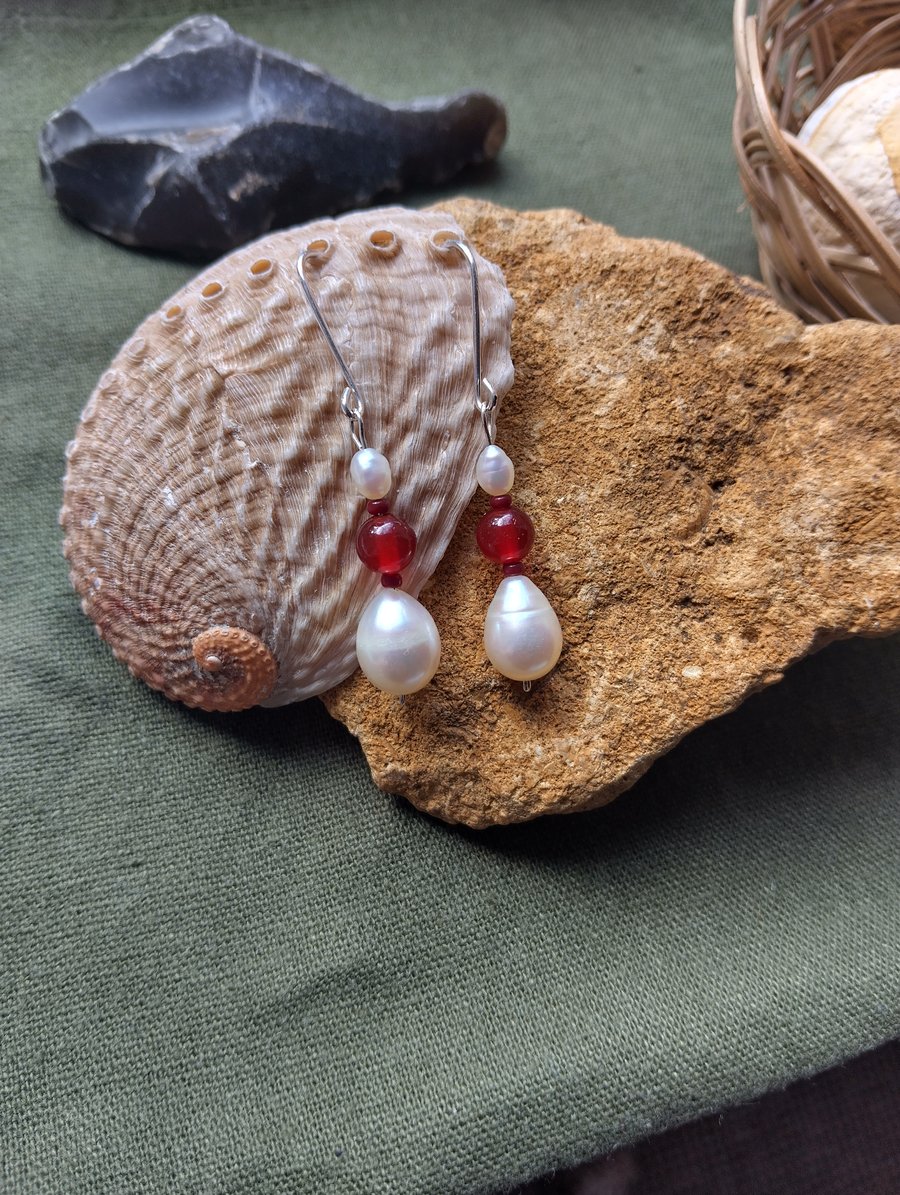 Pearl and Carnelian Earrings handmade with 925 Sterling Silver 