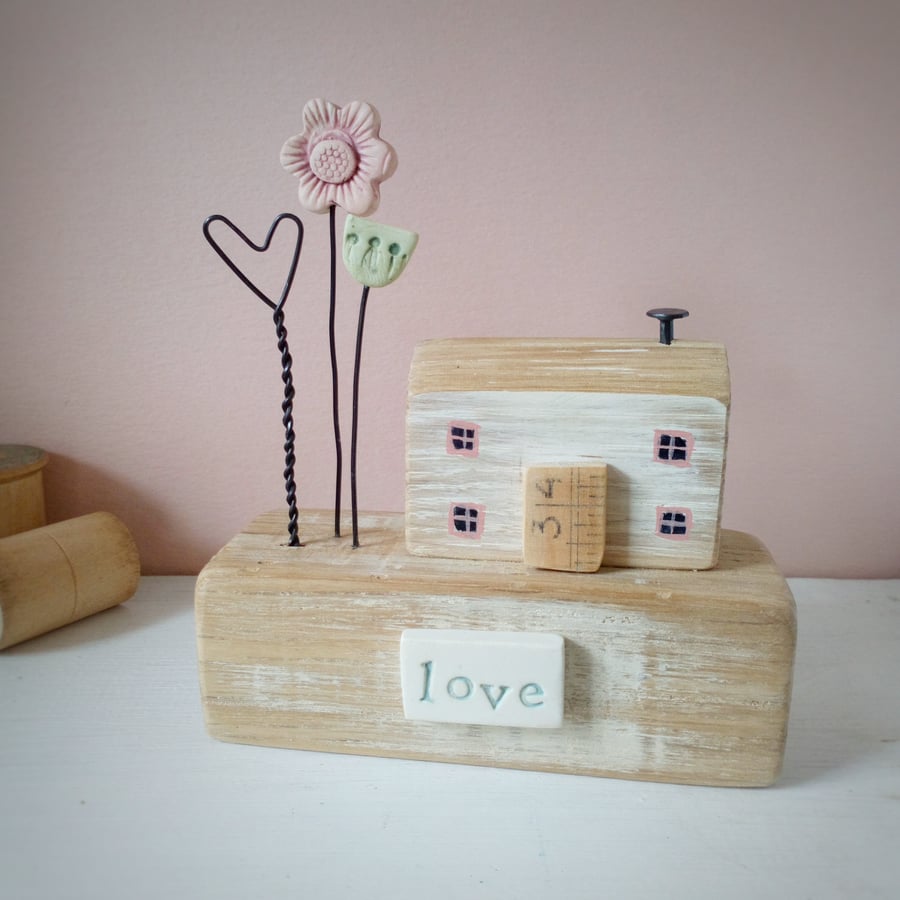SALE - Wooden house with clay flowers and wire heart 'love'