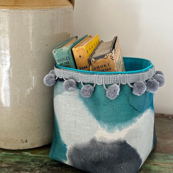 Blue and green spot storage basket plant pot craft storage with pompoms