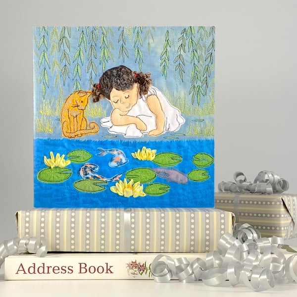 Birthday card - waterlilies, weeping willow, cat, koi carp