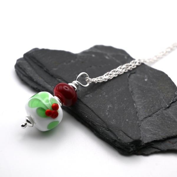 lampwork glass holly leaf pendant necklace