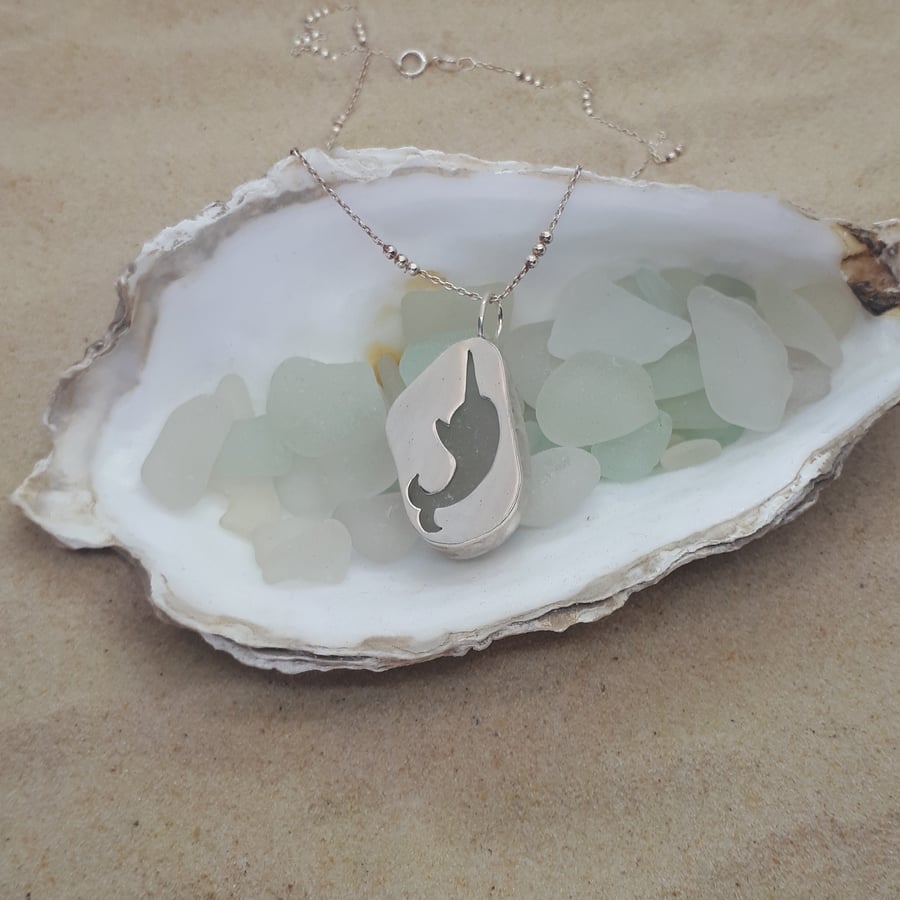 Silver & sea glass Narwhal pendant - Seconds Sunday 