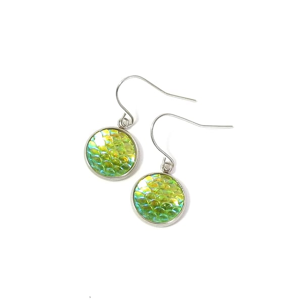 Bright green iridescent mermaid earrings, dainty green dangle earrings